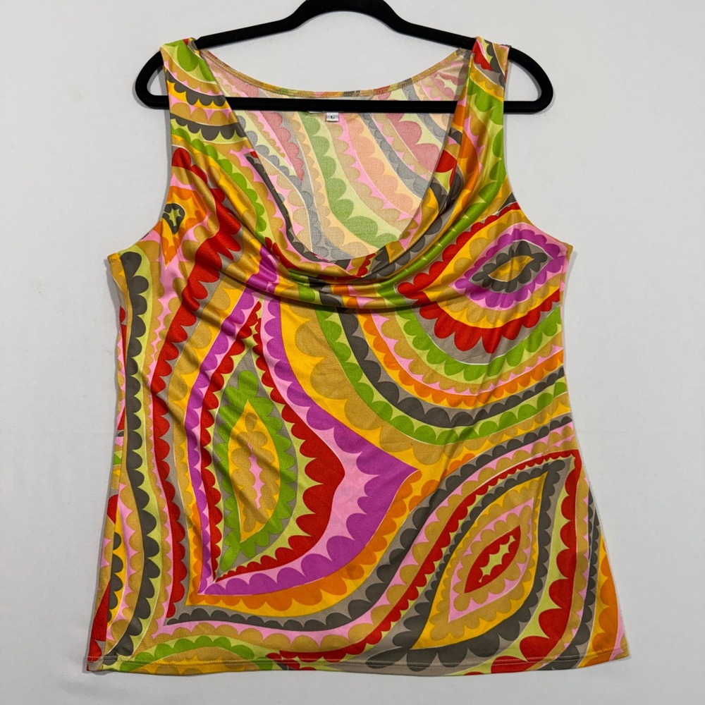 Trina Turk Womens Tank Top L Silk Multi Color Psychedelic Retro Mod Cowl Neck